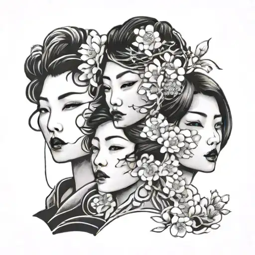 3 faces Japanese women blackwork tattoo with sakura tattoo design idea