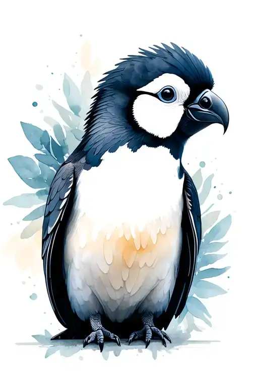 Create an image for a tattoo design - with a little penguin, a black cockatoo, a Gala, a Rosella, maybe some other Nativ tattoo design idea