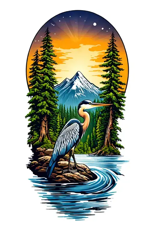 Mountian, flowing water, pine trees, great blue heron tattoo design idea
