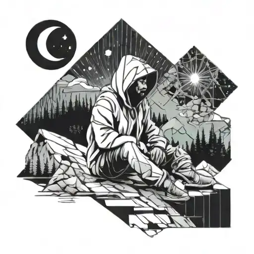 man sitting down wearing a hoodie,moon stars fire forest mountains tattoo design idea