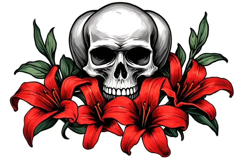4 small skulls intertwined with 3 red lilies for the inner arm tattoo design idea