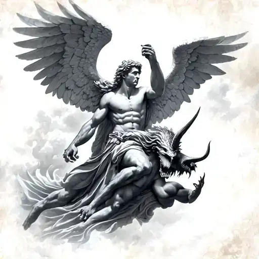 Saint Michael the archangel slaying the Devil, heaven and hell tattoo design idea