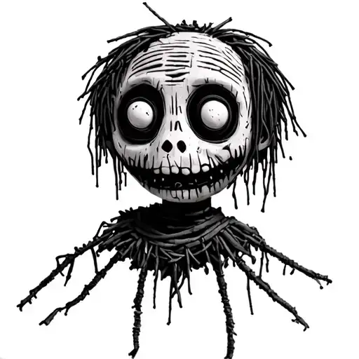 A male oodoo doll inspired by the Korn dolls — ragged, stitched together from torn burlap patches, with mismatched seams tattoo design idea