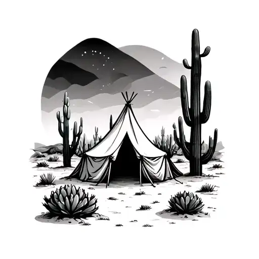 tent in desert landscape filled with cacti tattoo design idea