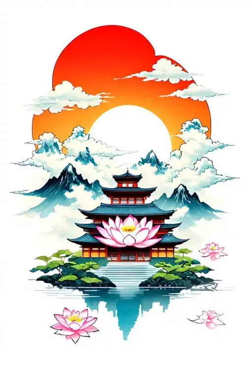 japanese temple nestled in clouds on a mountain side lotus flower under a japanese rising sun  tattoo design idea