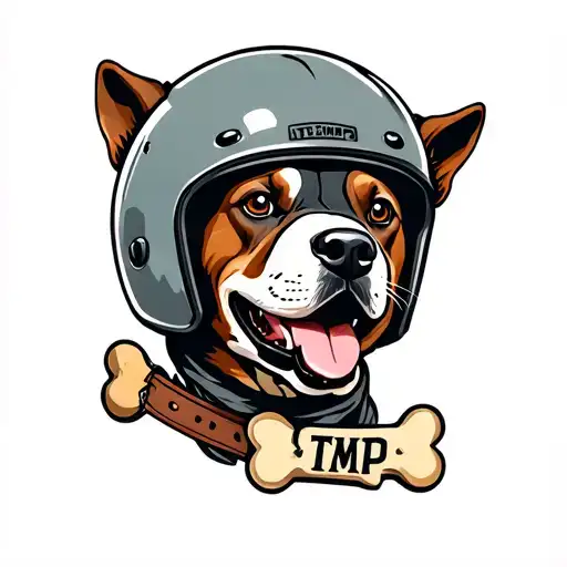 A happy but tough dogs head, wearing a motorcycle helmet. A bone shaped dog collar with the letters TMP on it. oldschool tattoo design idea