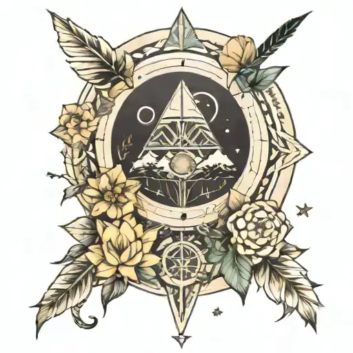 arrow, lotus flower, dreamcatcher, mountain, forest and anchor also with moon phases and stars tattoo design idea