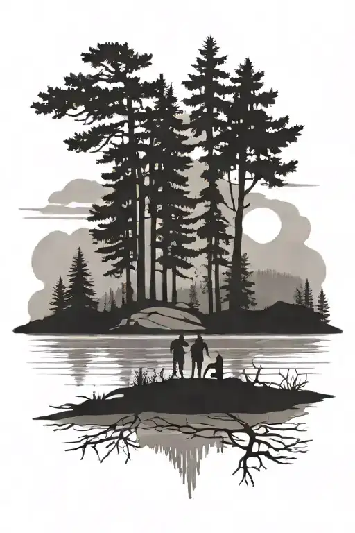 family off 5 silluette by lake with pine trees and mountain in background  tattoo design idea