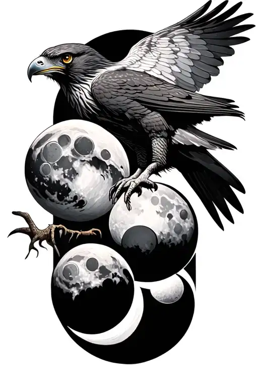 hawk and moon phases tattoo design idea