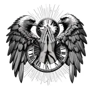 Prayer hands in between eagle wings,shining light rays,words saying "only god can judge" Clock in Roman numerals tattoo design idea