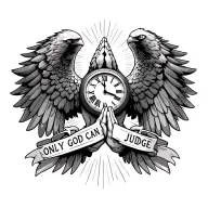 Prayer hands in between eagle wings,shining light rays,words saying "only god can judge" Clock in Roman numerals tattoo design idea