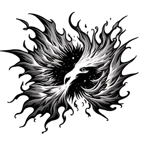 angle falling from stary sky into fire flames tattoo design idea