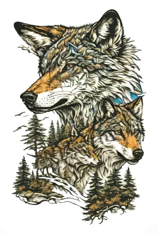 wolf in blue eyes howling forest scene tattoo design idea