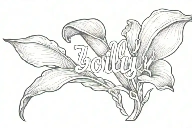 a small script tattoo of the word Jolly, and the last letter y morphs into a calla lily  tattoo design idea