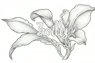 a small script tattoo of the word Jolly, and the last letter y morphs into a calla lily  tattoo design idea