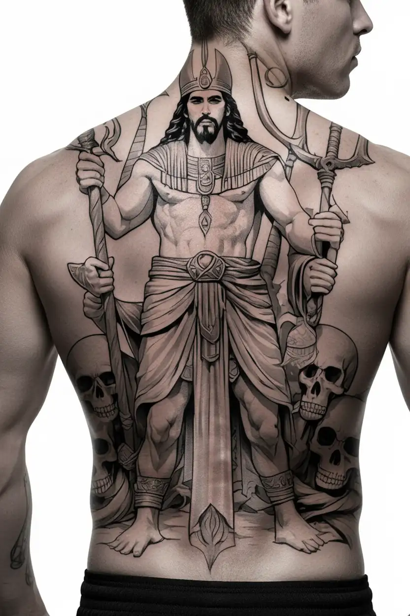 osiris with skulls surrounded holding flail and crook in underworld tattoo design idea
