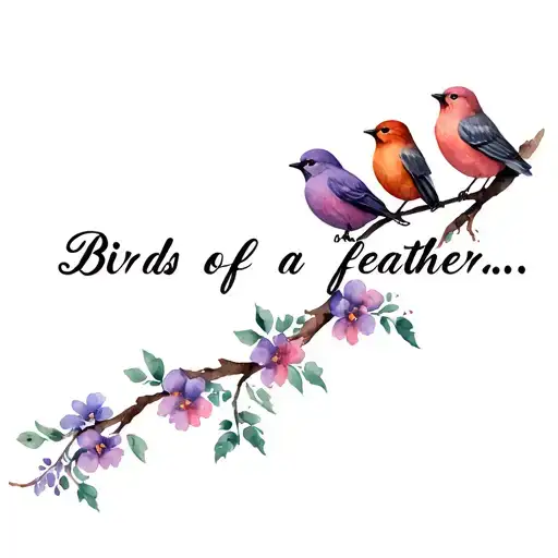 "Birds of a feather..." Create a tattoo of 3 birds sitting on a tree branch with flowers. One bird is lavendar colored, one bird is rusty pink,  tattoo design idea