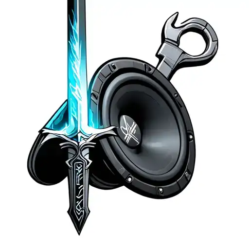 bundle of the following items: energy sword from halo, subwoofer, fishing pole, rod & piston, wrench tattoo design idea