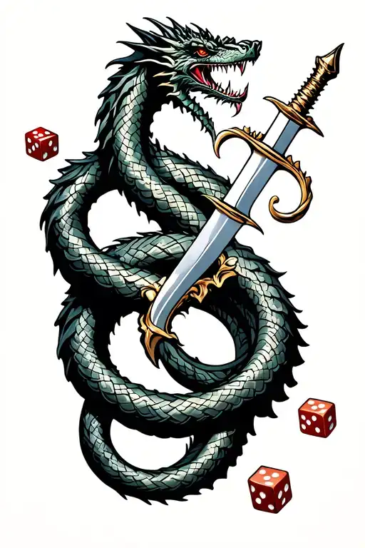 Ouroboros dragon coiling with sword piercing, and 3 Dice tattoo design idea