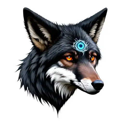 Black fox with a third eye in the forehead and features of a wolf with an orange scarlet eyes tattoo design idea