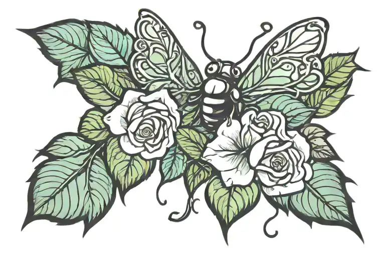 rose vines leaves with a love bug tattoo design idea