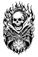 Draw a disturbed tattoos on full -length fire in the style of New Skul or traditional in a cloak and with a wild smile tattoo design idea