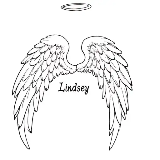 Simple lineart of angel wings with the name Lindsey in cursive in the middle. There is a halo above. tattoo design idea