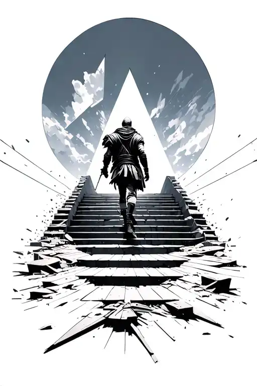An lean warrior walking up destroyed steps geometric background towards a better future. Seen from behind tattoo design idea