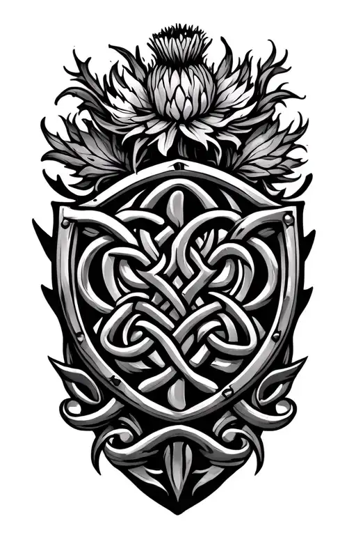 fine line round celtic shield knot with thistle outside tattoo design idea