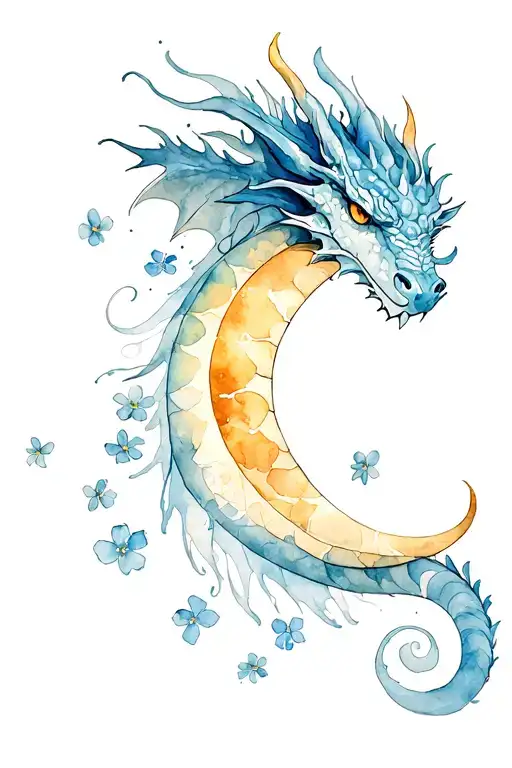 dragon moon forgetmenot fine line tattoo design idea