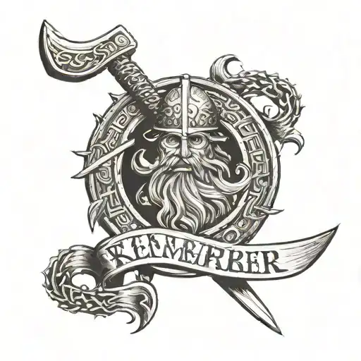 Viking husk pierced by a sword bearing the inscription "I remember" surrounded by the phrase "Kentoc'h mervel eget bezan tattoo design idea