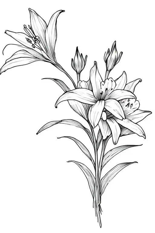 lily, marigold, narcissus flower bouquet tattoo design idea