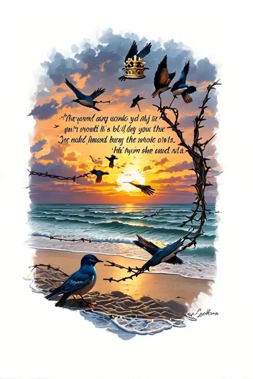 sleeve of a barbed wire wrapping, sunset on beach with 6 birds(closest one is detailed), quote, skeleton with crown tattoo design idea