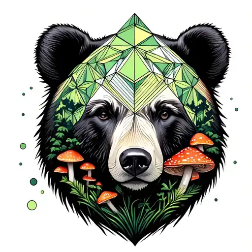 geometric female bear with amanita mushrooms growing and a green geometric forest in background tattoo design idea
