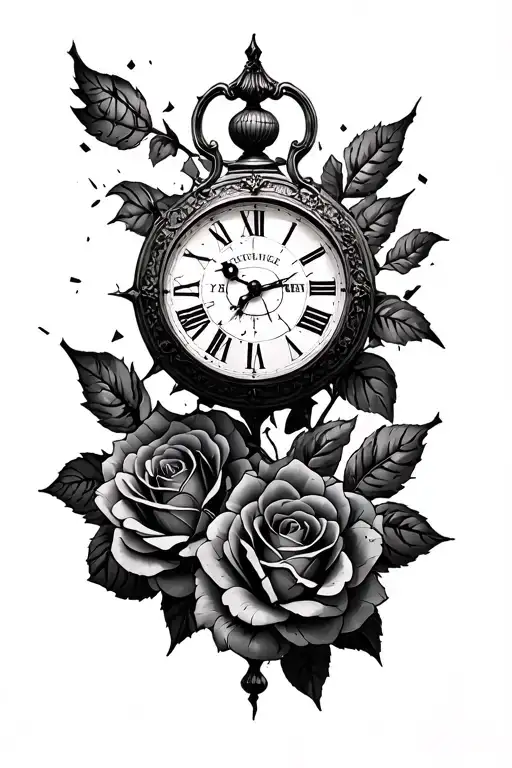 an old clock with cracks and shatters, showing the time "6:40" with roman numbers with two big roses under and one above tattoo design idea