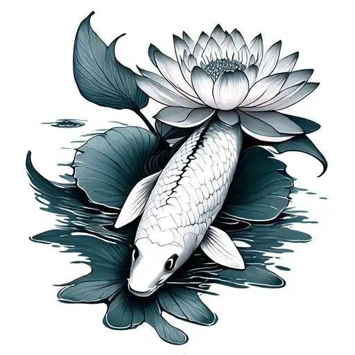 koi fish and louts flower blooming lotus flower river gowing down  tattoo design idea