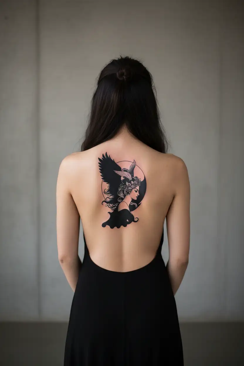 freya bust goddess with full moon and angel wings  tattoo design idea