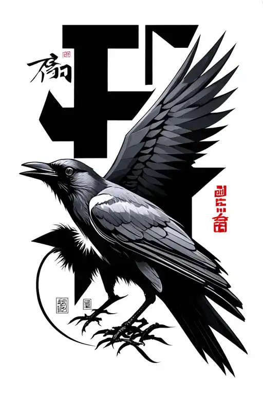 geometric style tattoo of a crow (realistic), Lu (Chinese symbol) and the writing "discipline" in vertical tattoo design idea