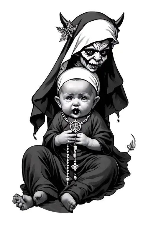 demon baby with rosary chocking nun tattoo design idea
