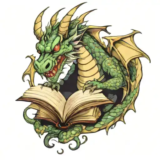 dragon reading book tattoo design idea