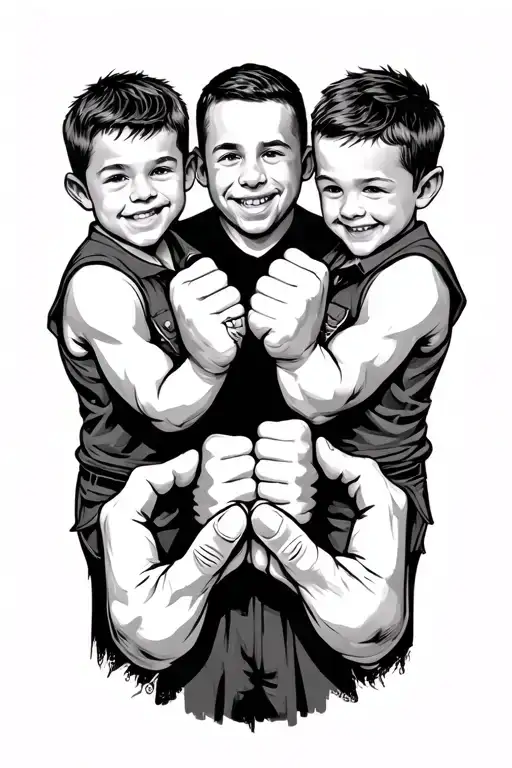 Father and 3 boys fist bumping tattoo design idea