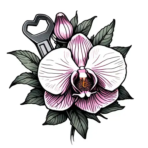 white orchid, pink carnation, mechanic spanner, knitting sleeve tattoo design idea