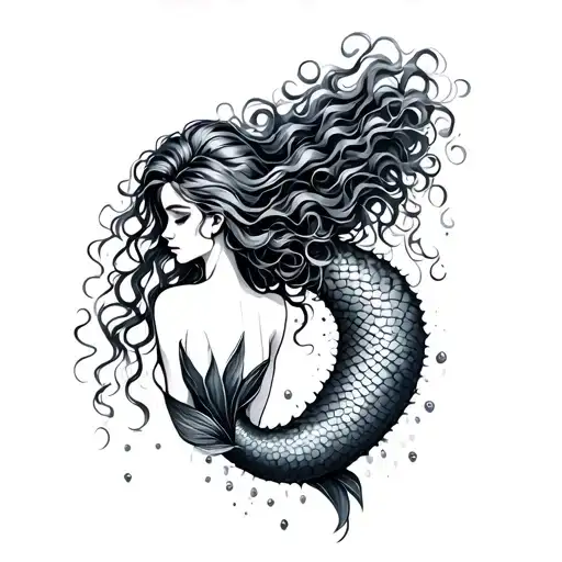 mermaid from the back with curly hair tattoo design idea