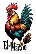 sexy rooster crowing in the air with one head and two legs with "El Macho" written below tattoo design idea