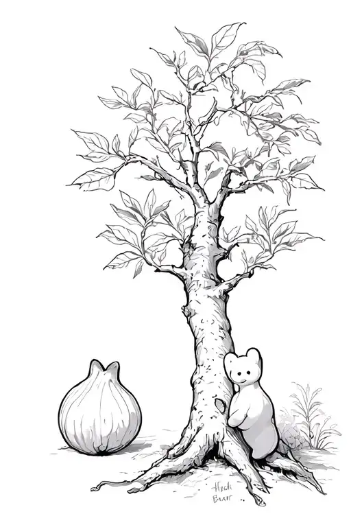a fig tree with one of the figs being a gummy bear tattoo design idea