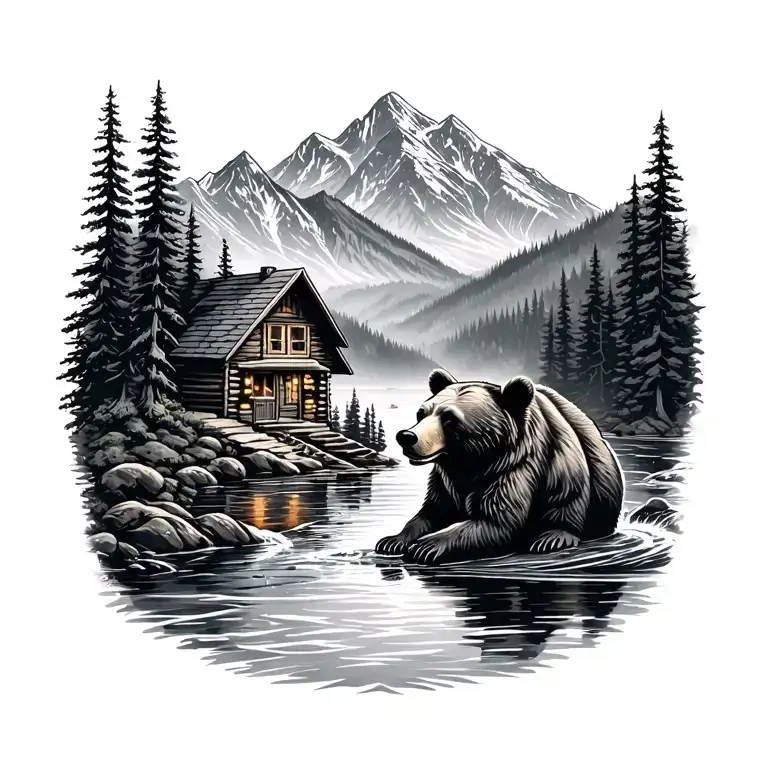 mountains river flowing bear fishing cabin  tattoo design idea