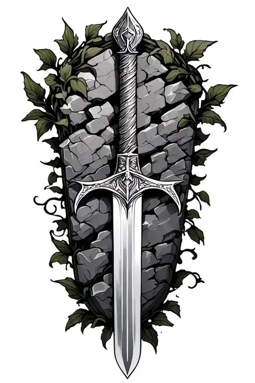 Excalibur sword and stone with vines tattoo design idea
