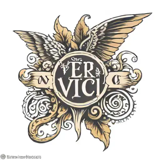 A detailed depiction of a stylish tattoo. The design features the Latin phrase 'Veni Vidi Vici' with numbers 890218 tattoo design idea