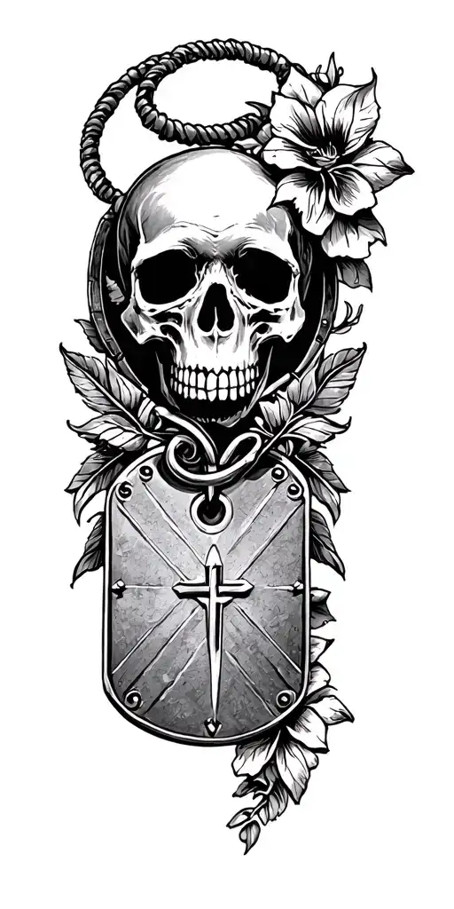 Christianity, skulls and dogtag, military theme tattoo design idea