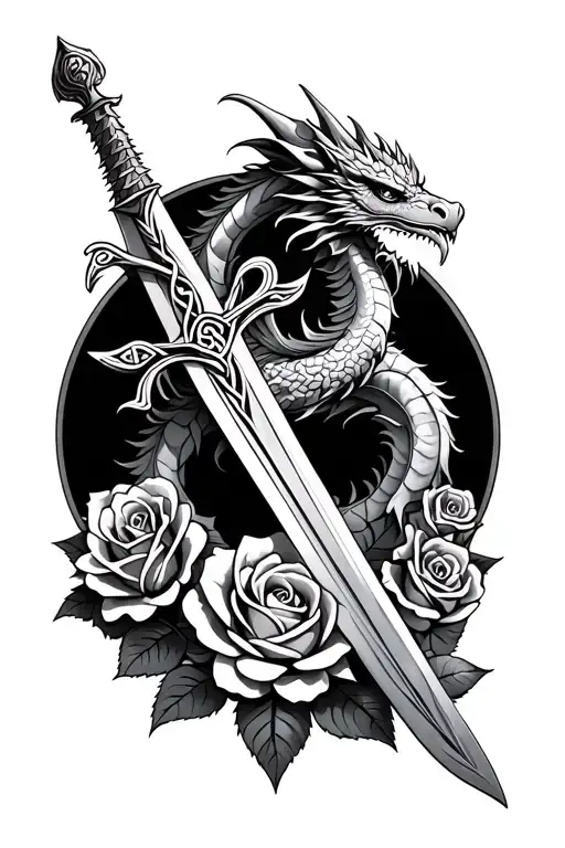 celtic dragon, sword, and roses tattoo design idea